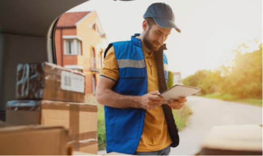 From the inside of a delivery van, you can see a man in a blue vest and yellow uniform, wearing a cap, and using a tablet. In the background there is a residential area, and it's daylight with warm sunlight suggesting morning or late afternoon.